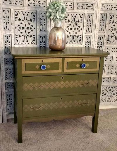 Chest of Drawers - sage and straw with stencilled drawers. Commission