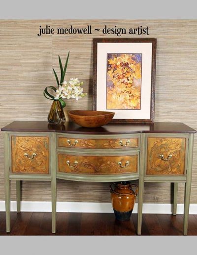 Sideboard Sage with gold detailing, stained top. Designed for a paint company