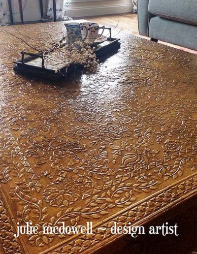 Coffee table, raised stencilling gold and bronze colour wash
