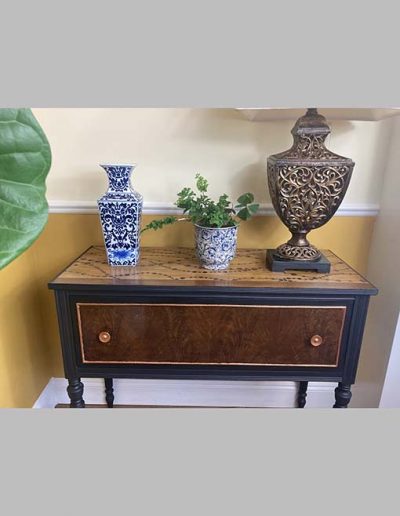 Side Table - Lamp black, gold and stain with stencilled top. Designed for a stencil company