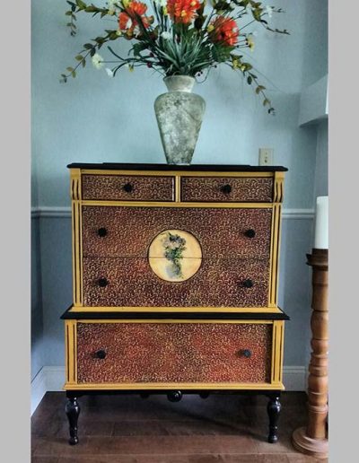 Chest of Drawers - Read and yellow over embossed drawers with inlayed image of my artwork