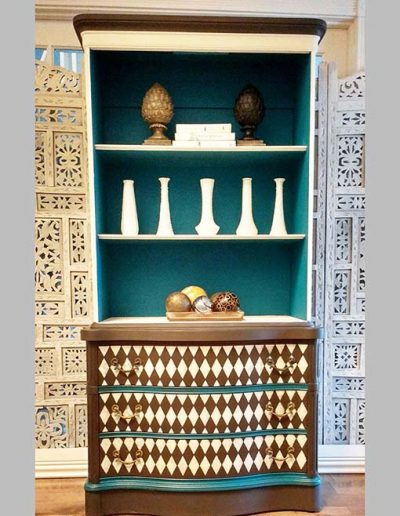 Display Cabinet - Brown, cream and blue with diamond pattern